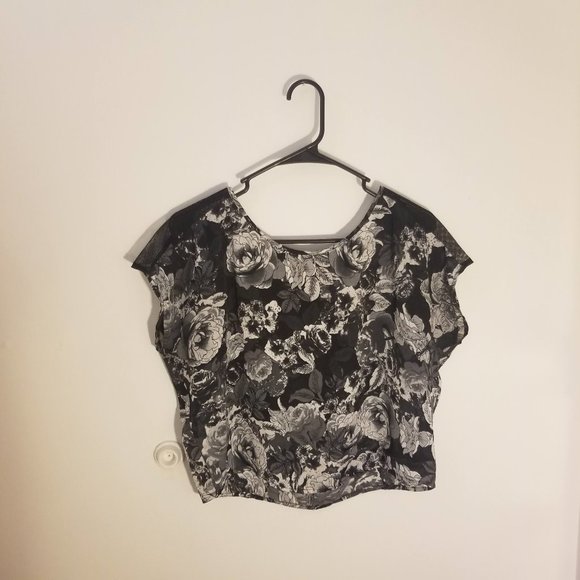 BONGO Floral, Loose Fit Crop Top w/ Mesh Shoulders - Picture 1 of 7